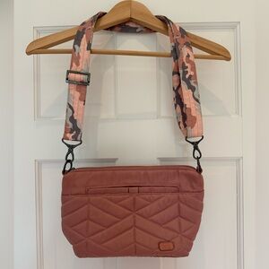 Lug Flare Pink Crossbody Bag with Camo Crossbody Strap and Lining EUC